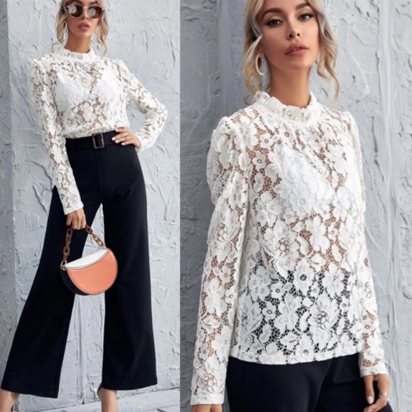 Delilah Wear Tops - Women’s long sleeve White Floral Lace Top